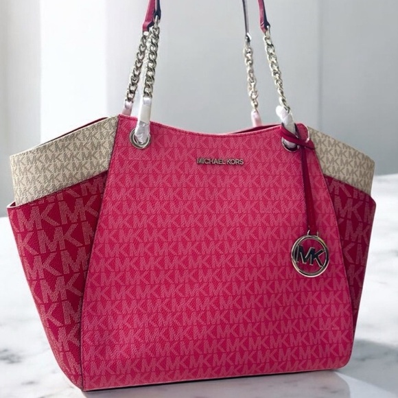 Michael Kors Large Jet Set Travel Chain Shoulder Bag Dark Raspberry Multi - Picture 1 of 7